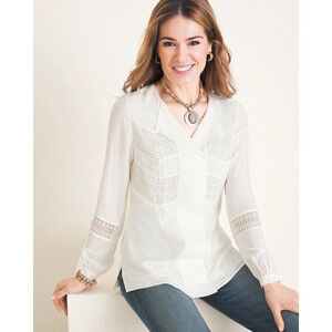 Chico’s Lace-Trim Crochet Tunic Blouse Women’s 0 (4/6) Semi-Sheer Coastal Preppy